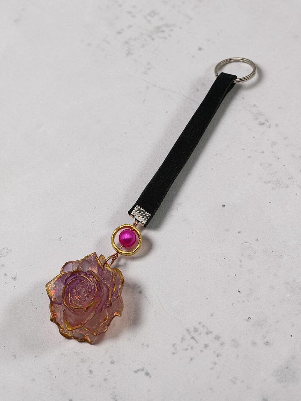 Black Strap Keychain with Purple & Pink Iridescent Rose Charm Handmade Accessory